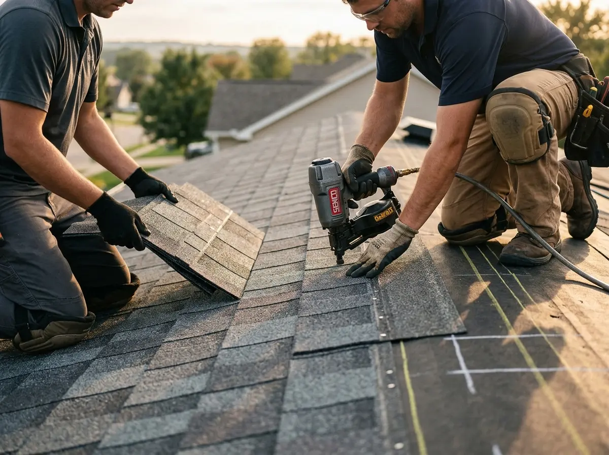 Professional roofer working on a residential roof in Lititz